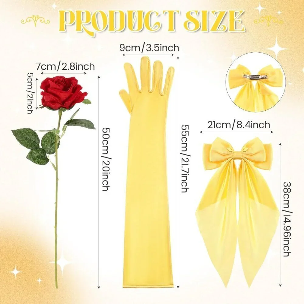Princess Costume Accessories Set with Yellow Bow Hairband Gloves Rose for Dress